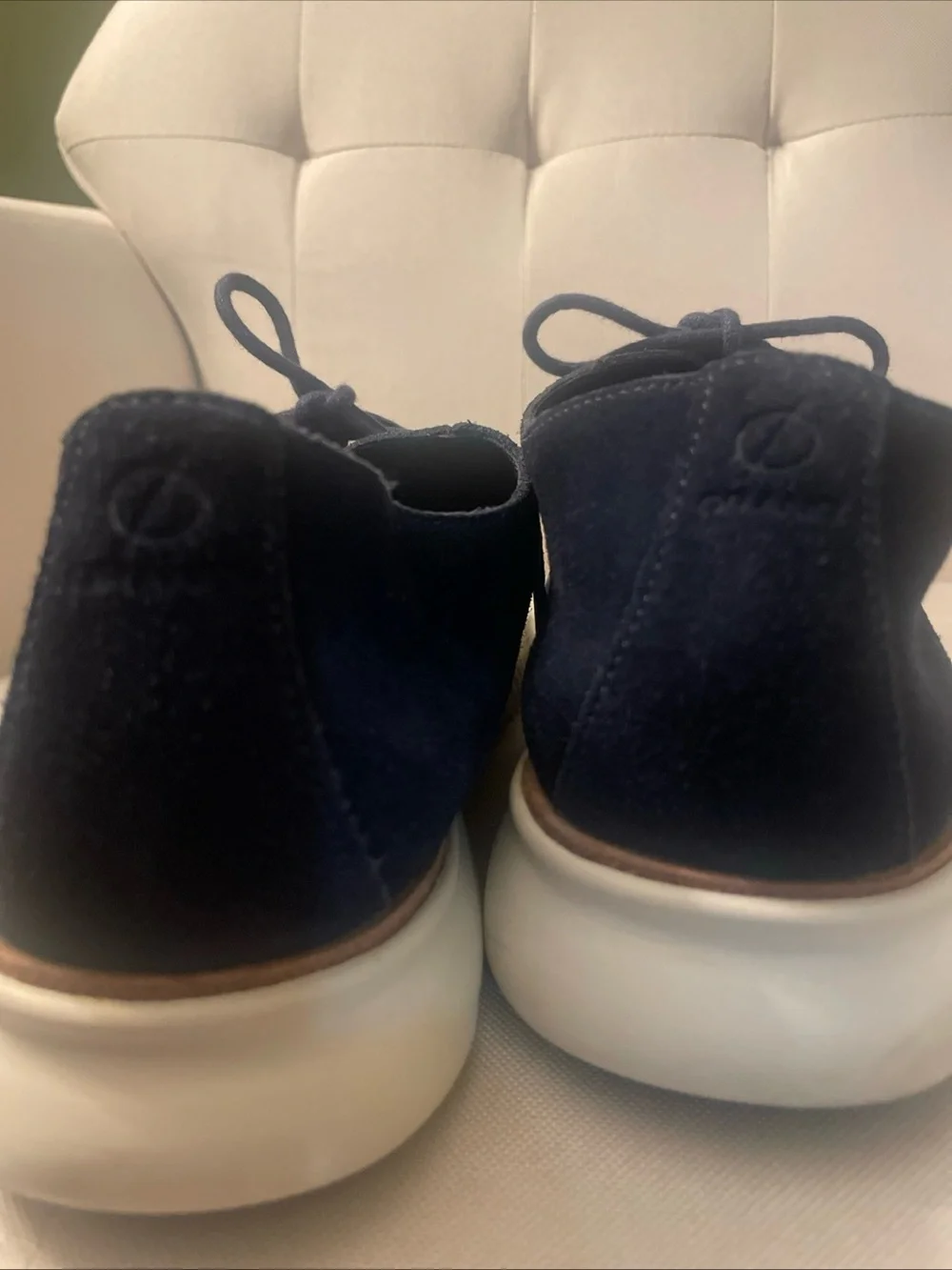Cole Haan Navy Suede Derby Shoes with White Sole